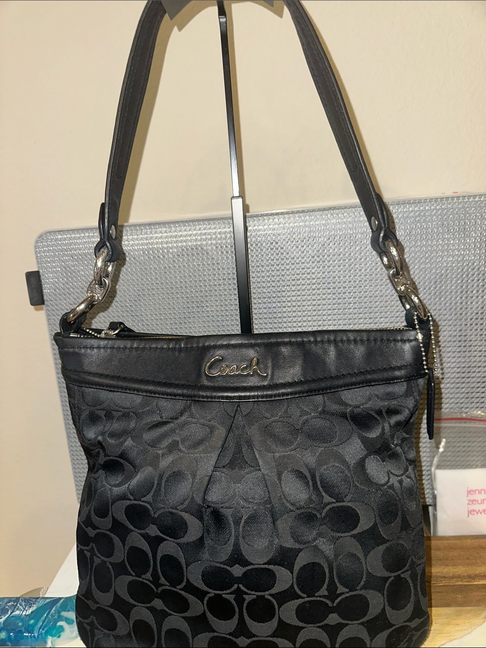 Coach Black Signature Shoulder Bag with Leather Trim
